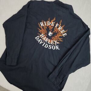 Vintage 90s Harley Davidson Large Embroidered Button Up Shirt Ride Free Flames